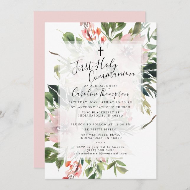 Blush Florals Greenery Watercolor Erstkommunion Einladung (Vorne/Hinten)