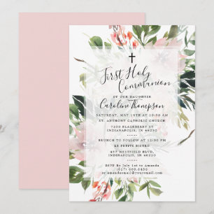 Blush Florals Greenery Watercolor Erstkommunion Einladung