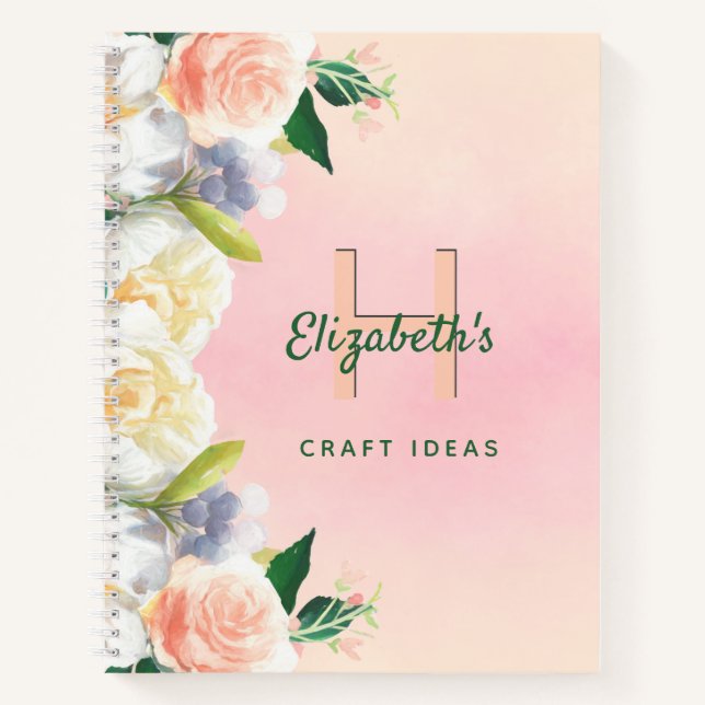 Blush Florals Monogramm Handwerk Ideen skizzieren Notizbuch (Vorderseite)