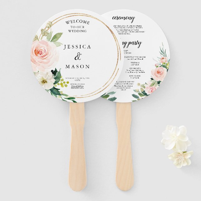 Blush Florals Round Gold Wedding Program Fan Fächer (Vorne und Hinten)