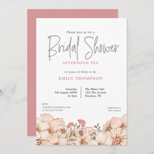 Blush Florals Script Brautparty Einladung (Vorne/Hinten)