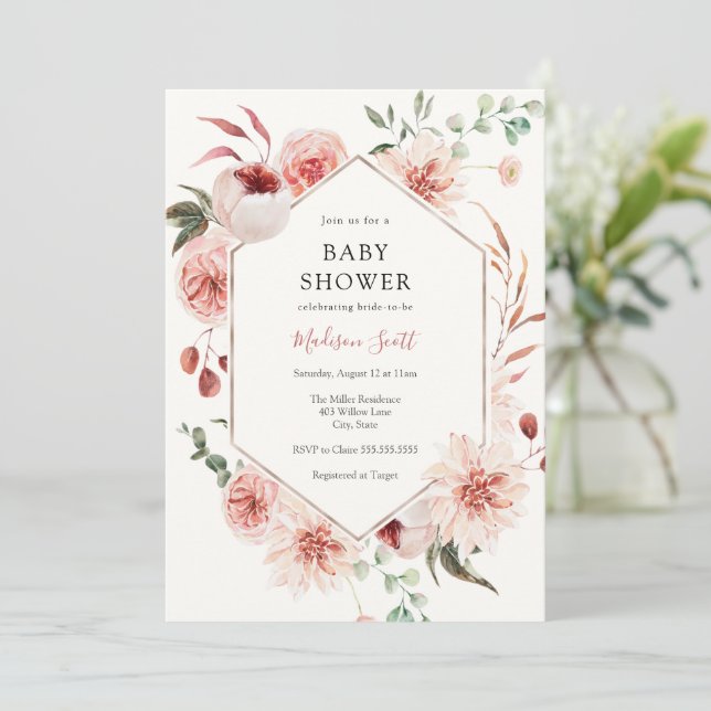 Blush Florals und Green Frame Baby Dusche Einladung (Stehend Vorderseite)