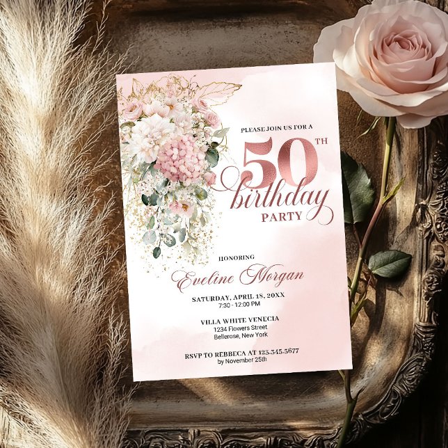 Blush Flowers Rose Gold Greenery 50th Birthday  Einladung (Blush Flowers Rose Gold Greenery 50th Birthday Invite)