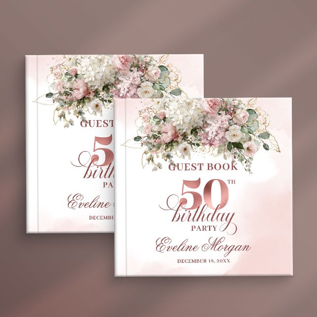Blush Flowers Rose Gold Greenery 50th Birthday   Gästebuch (Blush Flowers Rose Gold Greenery 50th Birthday Party Guest Book

)