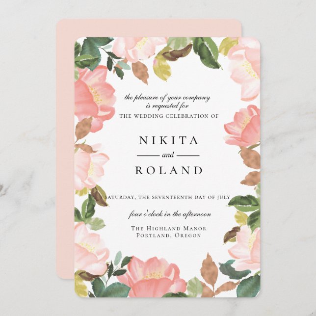 Blush Garden Bloral Wedding Einladung (Vorne/Hinten)