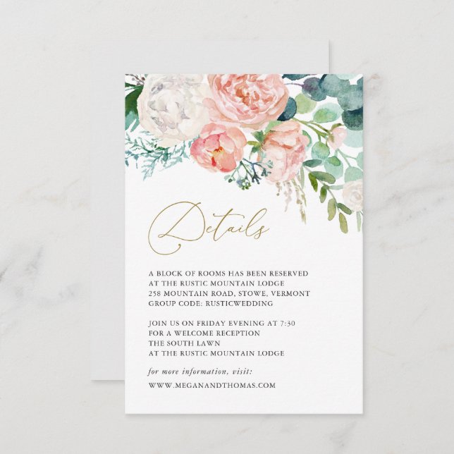 Blush Garden Floral Wedding Details Card Einladung (Vorne/Hinten)
