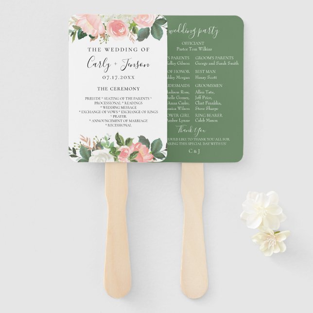 Blush Garden Floral Wedding Program Hand Fans Fächer (Vorne und Hinten)