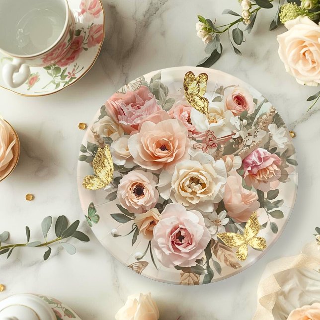 Blush Garden Roses Galentine Tea Party Florals Pappteller (Von Creator hochgeladen)