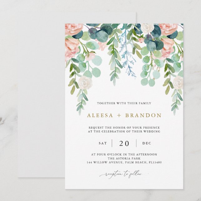 Blush Garden Wedding Einladung (Vorne/Hinten)
