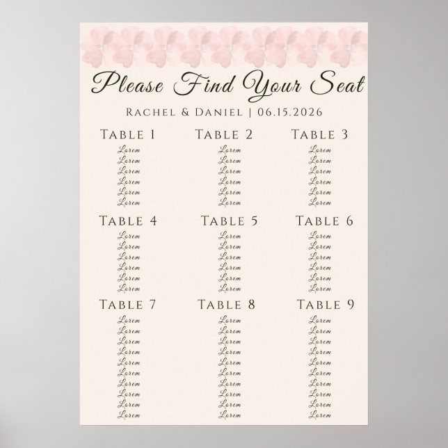 Blush-Garten Floral Minimal Hochzeit Sitzplan Poster (Vorne)