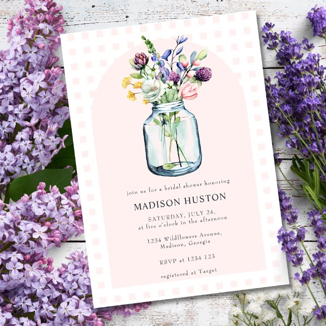 Blush Gingham & Wildblume Mason Jar Brautparty Einladung (Von Creator hochgeladen)