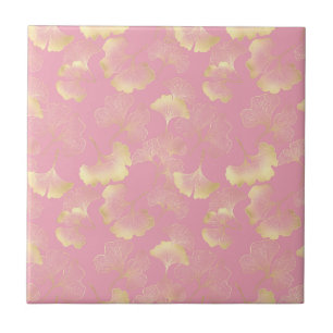 Blush Ginkgo Luxe – Gold Botanical auf Rosa (1) Fliese