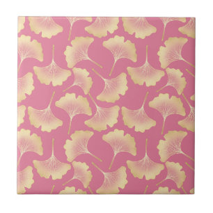 Blush Ginkgo Luxe – Gold Botanical auf Rosa (3) Fliese