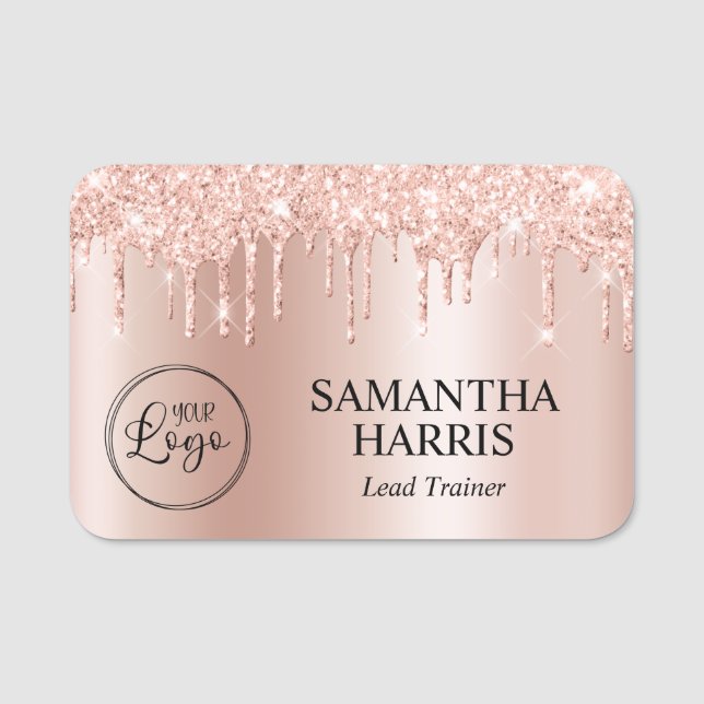 Blush Glitter Drips Pale Rose Gold Ombre Namensschild (Vorderseite)