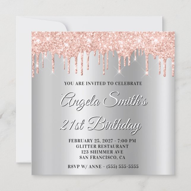 Blush Glitter Drips Silver Ombre Drop Shadow Einladung (Vorderseite)