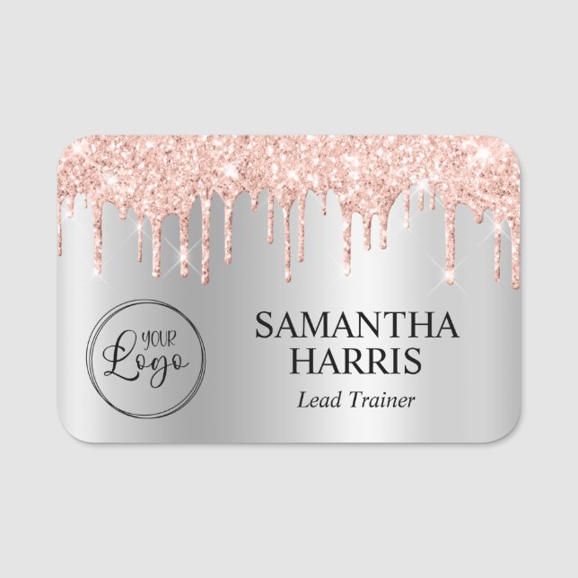 Blush Glitter Drips Silver Ombre Shimmer Namensschild (Vorderseite)