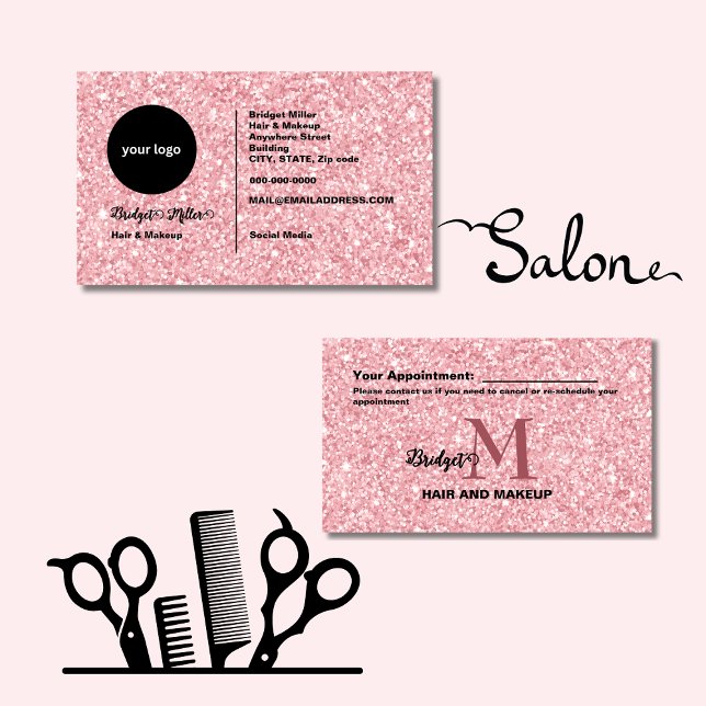 Blush Glitter Friseursalon Monogramm-Logo  Terminkarte (Von Creator hochgeladen)