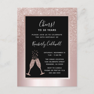 Blush Glitzer Champagne Toast 30. Geburtstag Party Einladungspostkarte