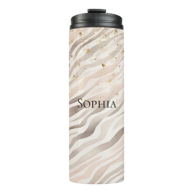 Blush Glitzy Gold Glitter Zebramuster Thermosbecher (Vorderseite)
