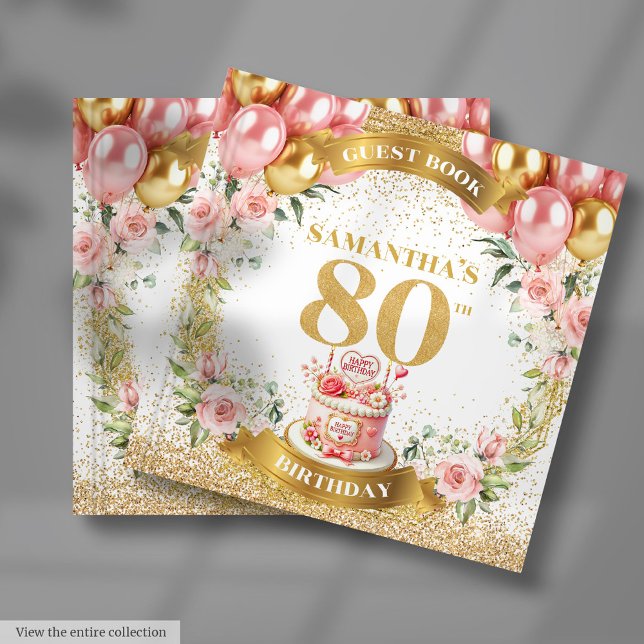 Blush Gold 80. Geburtstag wünscht buchen Gästebuch (Sparkling Blush Gold 80th Birthday Wishes Book)