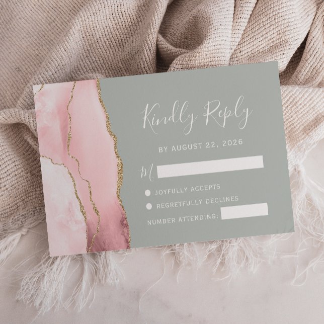 Blush Gold Agate Blale Sage Green Wedding RSVP Car (Von Creator hochgeladen)