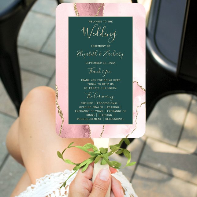 Blush Gold Agate Emerald Green Wedding Program Fächer (Von Creator hochgeladen)