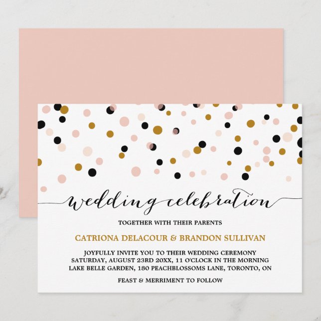 Blush, Gold & Black Confetti Dots Moderne Hochzeit Einladung (Vorne/Hinten)