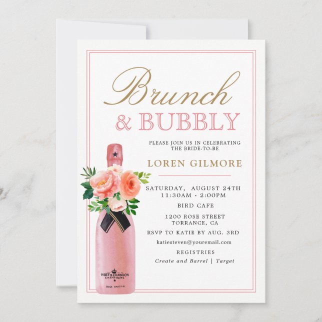 Blush Gold Bloral Brunch und Bubbly Brautparty Einladung (Vorderseite)