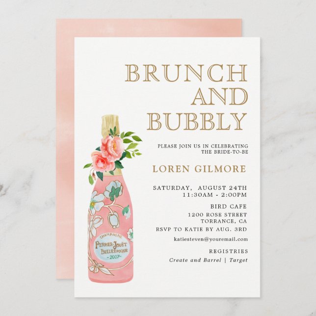Blush Gold Bloral Brunch und Bubbly Brautparty Einladung (Vorne/Hinten)