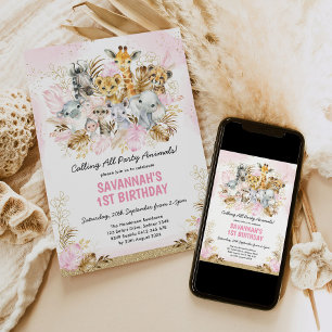 Blush Gold Boho Jungle Wild Ein 1. Geburtstagskind Einladung