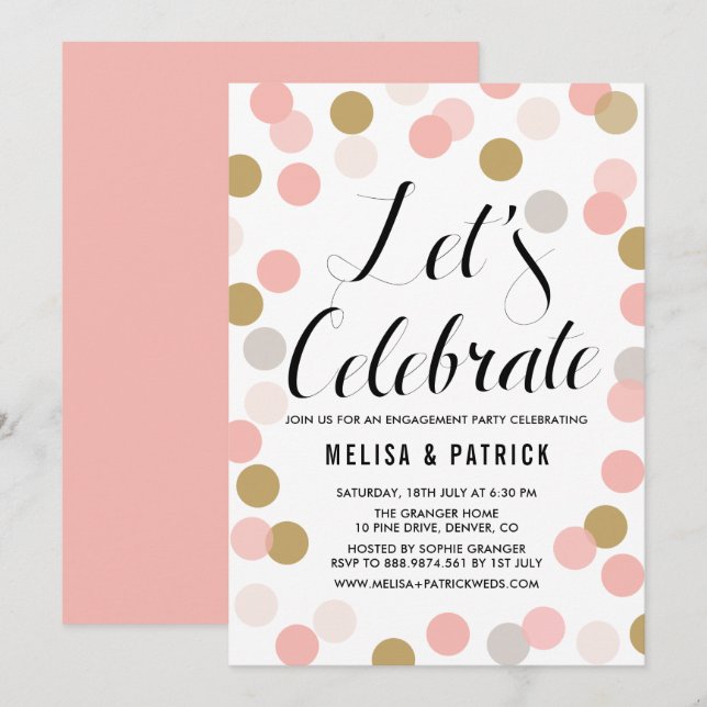 Blush & Gold Confetti Polka Dots Engagement Party Einladung (Vorne/Hinten)