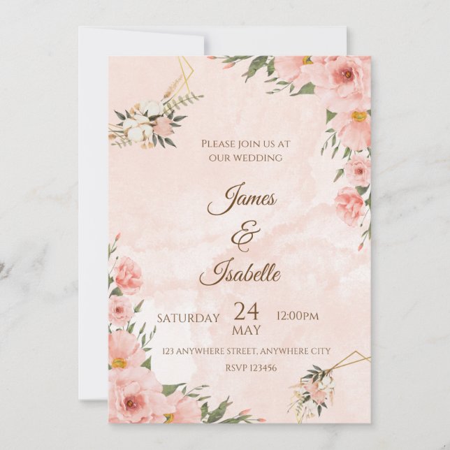 Blush & Gold: Eine blumengeschmackvolle Hochzeitsf Einladung (Vorderseite)
