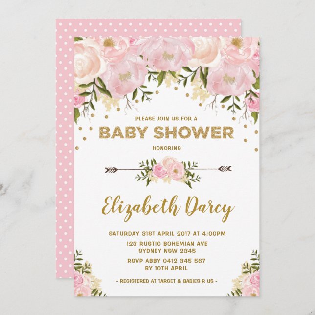 Blush Gold Floral Baby Dusche Hütte Chic Einladung (Vorne/Hinten)