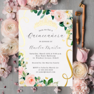 Blush Gold Floral Blume Scroll Quinceanera Folieneinladung