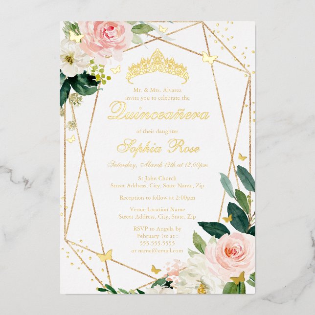 Blush Gold Floral Butterfly Quinceanera Folieneinladung (Vorderseite)