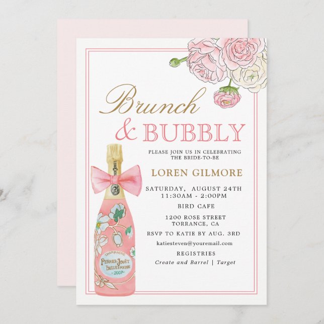Blush Gold Floral Champagner Brunch und Bubbly Einladung (Vorne/Hinten)