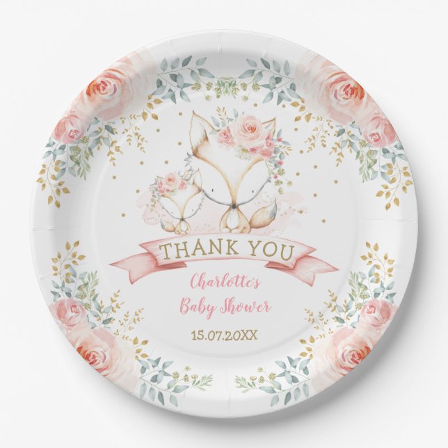 Blush Gold Floral Fox Boho Woodland Babydusche Pappteller (Vorderseite)
