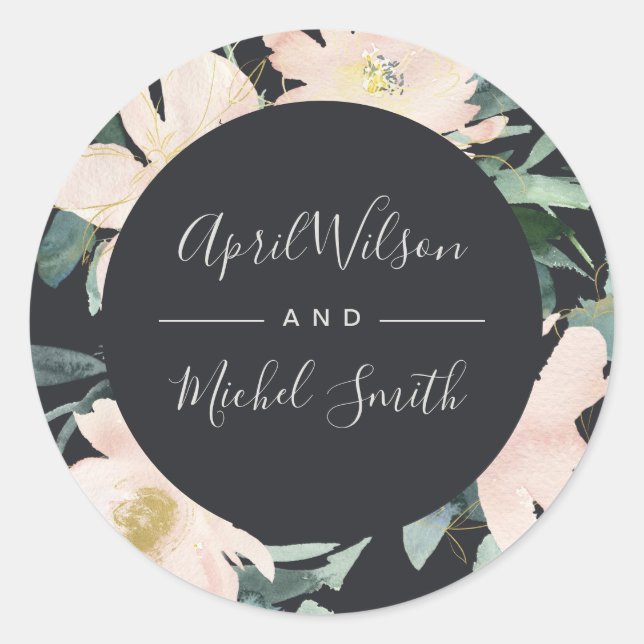 BLUSH GOLD FLORAL FRAME WATERCOLOR WEDD RUNDER AUFKLEBER (Vorderseite)