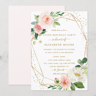 Blush Gold Floral Geometric 100. Geburtstag Einlad Einladung