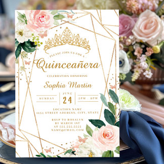 Blush Gold Floral Geometric Butterfly Quinceanera Einladung