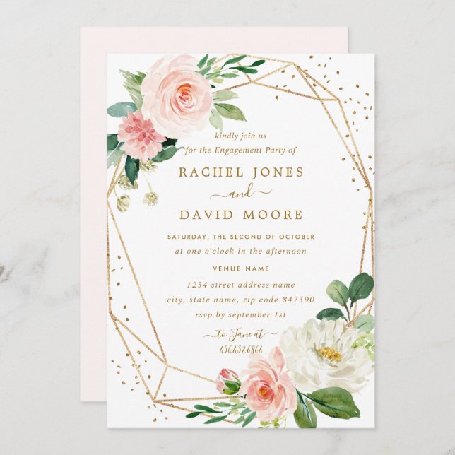 Blush Gold Floral Geometric Engagement Party Einladung (Vorne/Hinten)