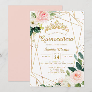 Blush Gold Floral Geometric Quinceanera Einladung