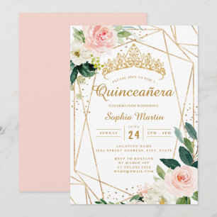 Blush Gold Floral Geometric Quinceanera Einladung