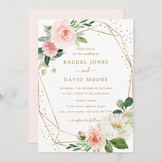 Blush Gold Floral Geometric Wedding Einladung (Vorne/Hinten)