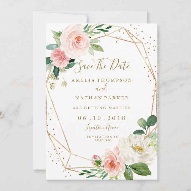 Blush Gold Floral Geometric Wedding Save the Date (Vorderseite)