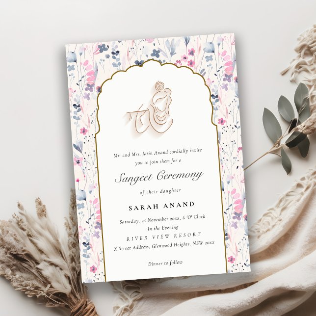 Blush Gold Floral Krishna Indian Wedding Sangeet Begleitkarte (Von Creator hochgeladen)