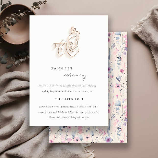 Blush Gold Floral Krishna Indian Wedding Sangeet Begleitkarte (Von Creator hochgeladen)