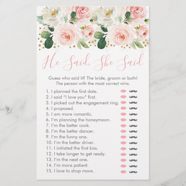 Blush Gold Floral sagte sie sagte Bridal Game (Vorderseite)