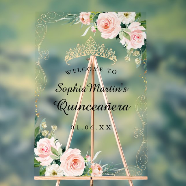 Blush Gold Floral Swirl Quinceanera Acrylzeichen Acrylschild (Neutral)
