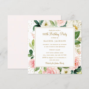 Blush Gold Floral Watercolor 100. Geburtstag Einla Einladung